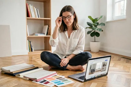 Femme planifiant l'aménagement de sa maison avec des échantillons de tissu et un ordinateur portable, ambiance sereine et naturelle