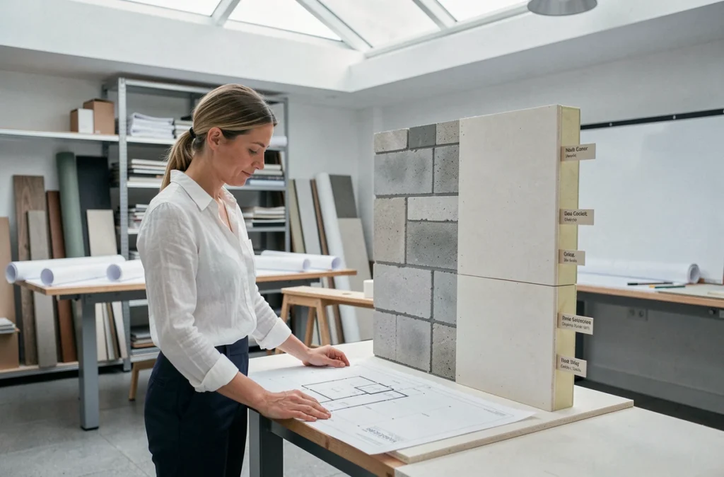 Architecte étudiant les dimensions d'un mur en parpaing et son isolation sur un plan technique en bureau