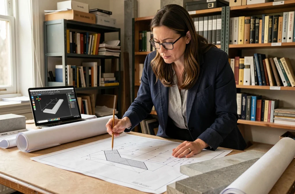 Architecte paysagiste analysant des plans de dimensionnement de surbot béton dans un bureau technique