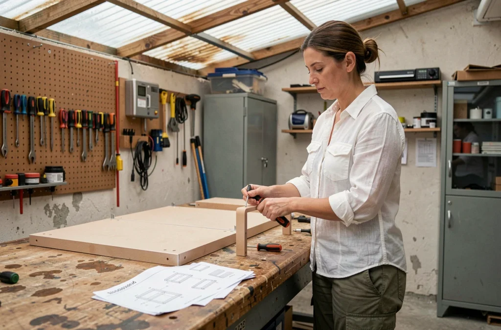 Femme assemblant un meuble étagère en kit dans un atelier garage, bricolage et aménagement rangement maison