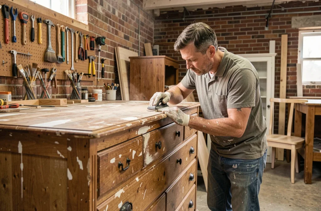 Homme en train de poncer une commode ancienne dans un atelier de relooking de meubles brocante