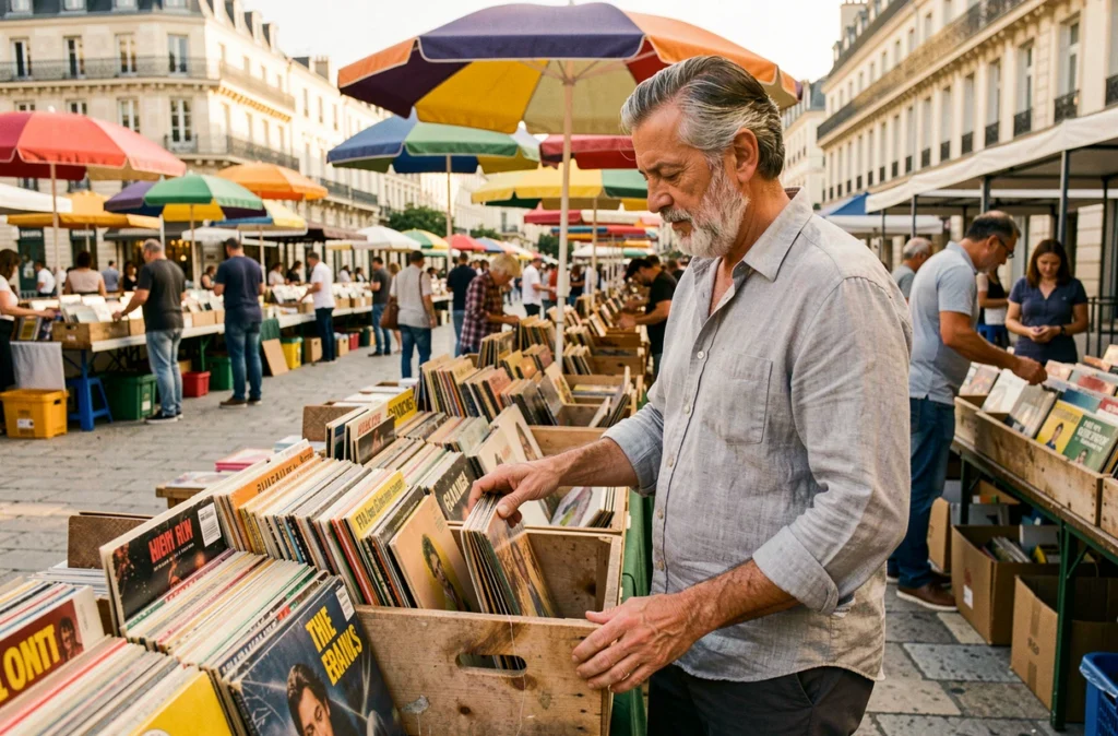 Homme fouillant des vinyles anciens dans un vide grenier en plein air sur une place de Montpellier entourée de brocanteurs