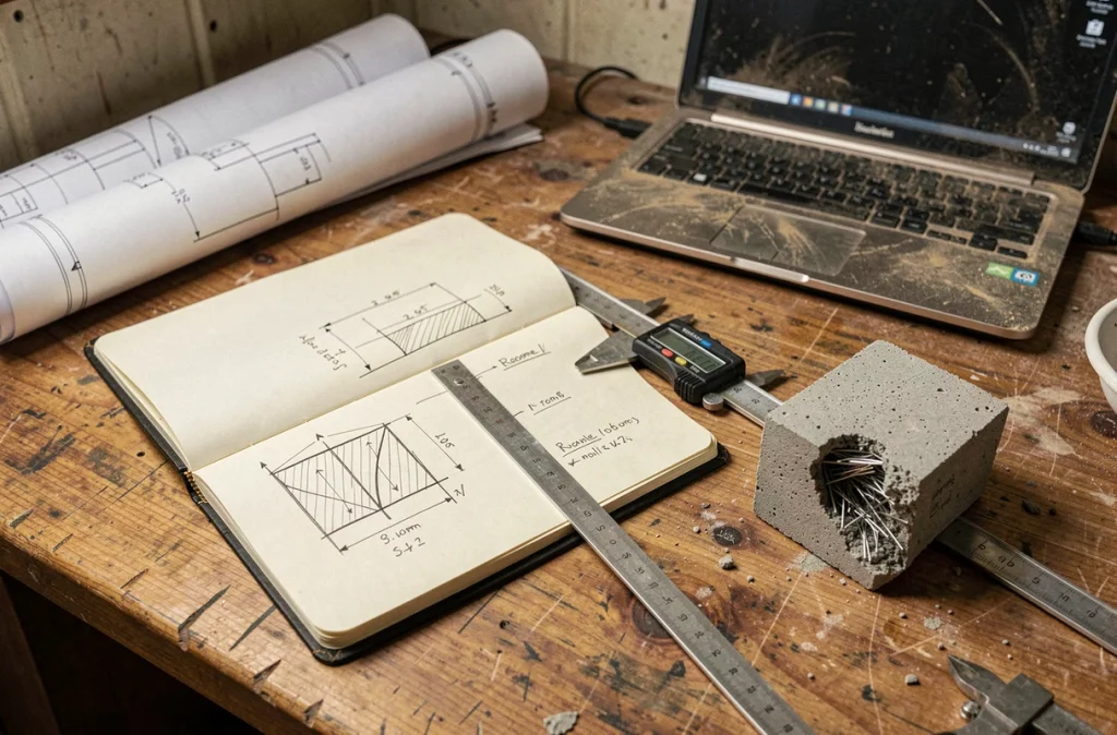 Carnet de calcul de volume en mètres cubes posé sur un bureau de chantier avec un échantillon de béton armé de fibres métalliques