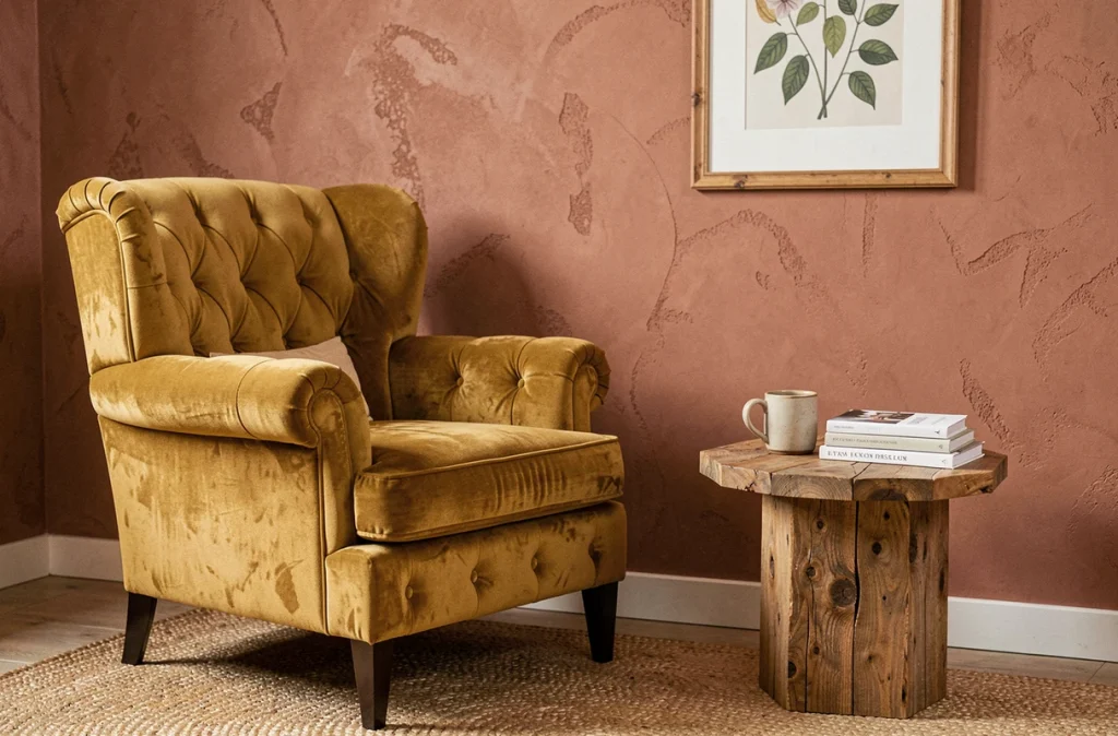 Coin salon cosy et décoré avec soin, fauteuil en velours moutarde et mobilier vintage dans une ambiance chaleureuse