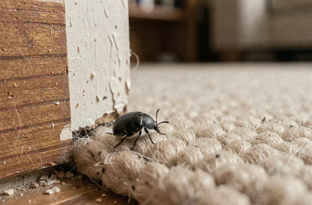 Petit coléoptère noir des tapis filmé au ras du sol près d'une plinthe dans un intérieur domestique