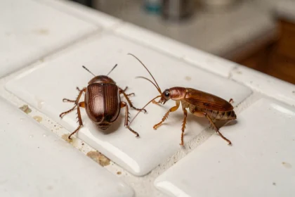 Comparaison côte à côte d'un petit insecte brun domestique et d'une nymphe de cafard sur carrelage blanc de cuisine