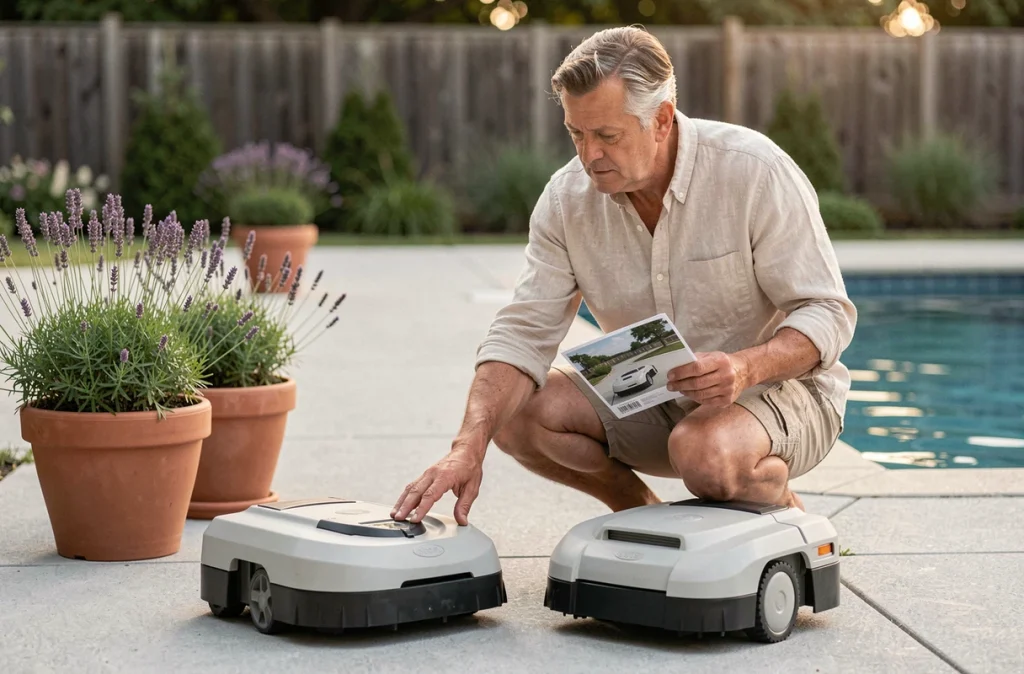 Homme comparant deux robots de nettoyage de piscine posés sur le bord pour choisir le meilleur modèle