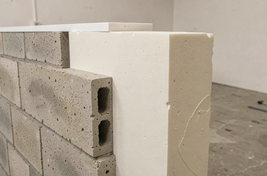Coupe transversale d'un mur en parpaing avec isolation thermique par panneau rigide visible