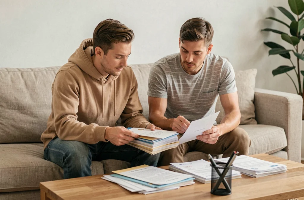 Couple organisant leurs courriers administratifs pour préparer un changement d'adresse dans leur salon