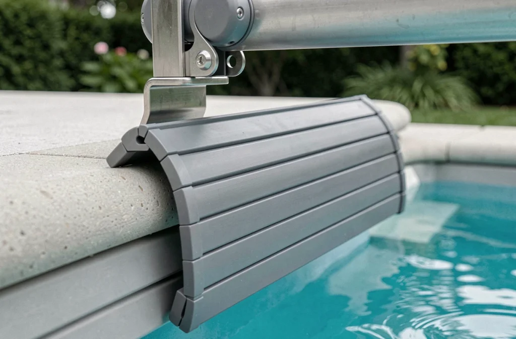Gros plan sur les lames entrelacées d'un volet roulant de piscine en cours de déploiement sur margelle en béton