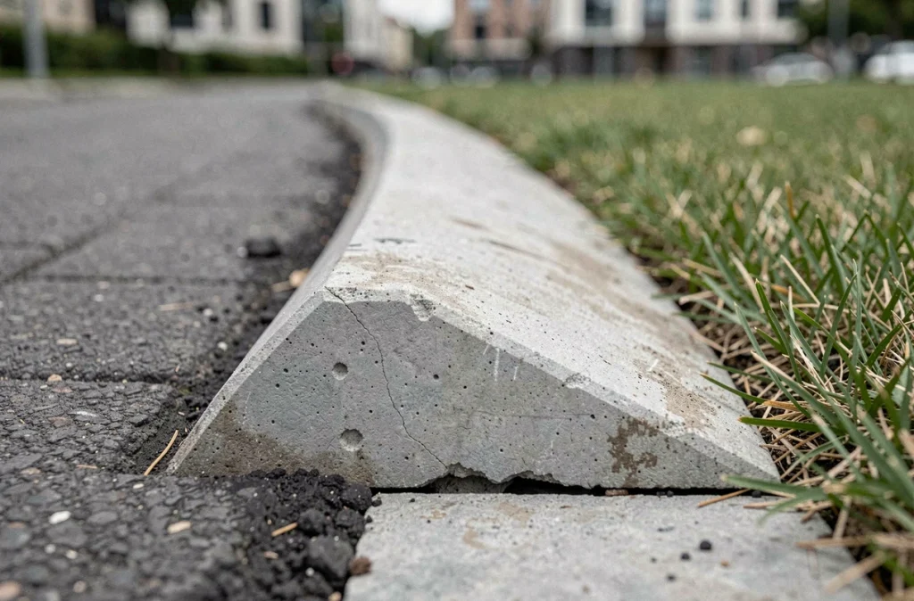 Détail en gros plan d'un surbot béton installé en bordure de cheminement urbain avec profil visible