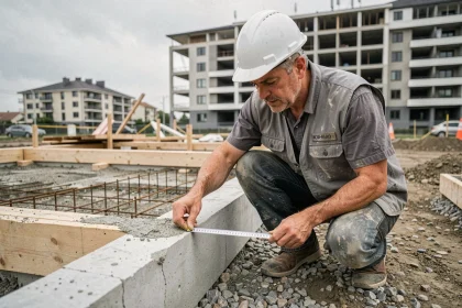 Ingénieur mesurant l'épaisseur d'un surbot béton sur un chantier de construction résidentiel
