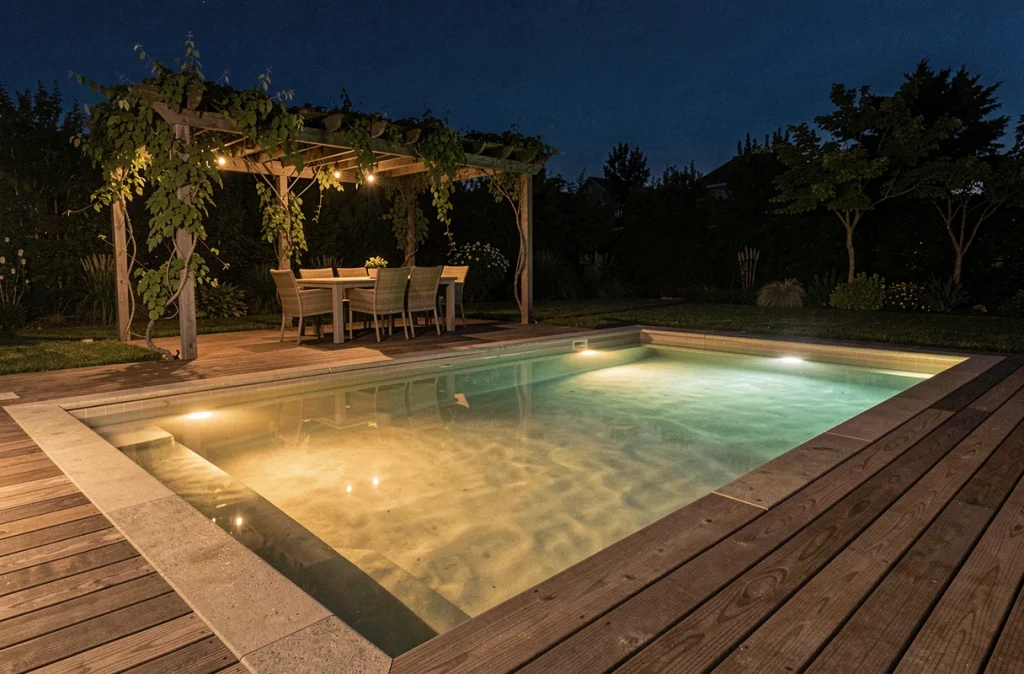 Piscine résidentielle de nuit avec éclairage subaquatique ambré et vert, terrasse en bois et pergola sous un ciel nocturne profond