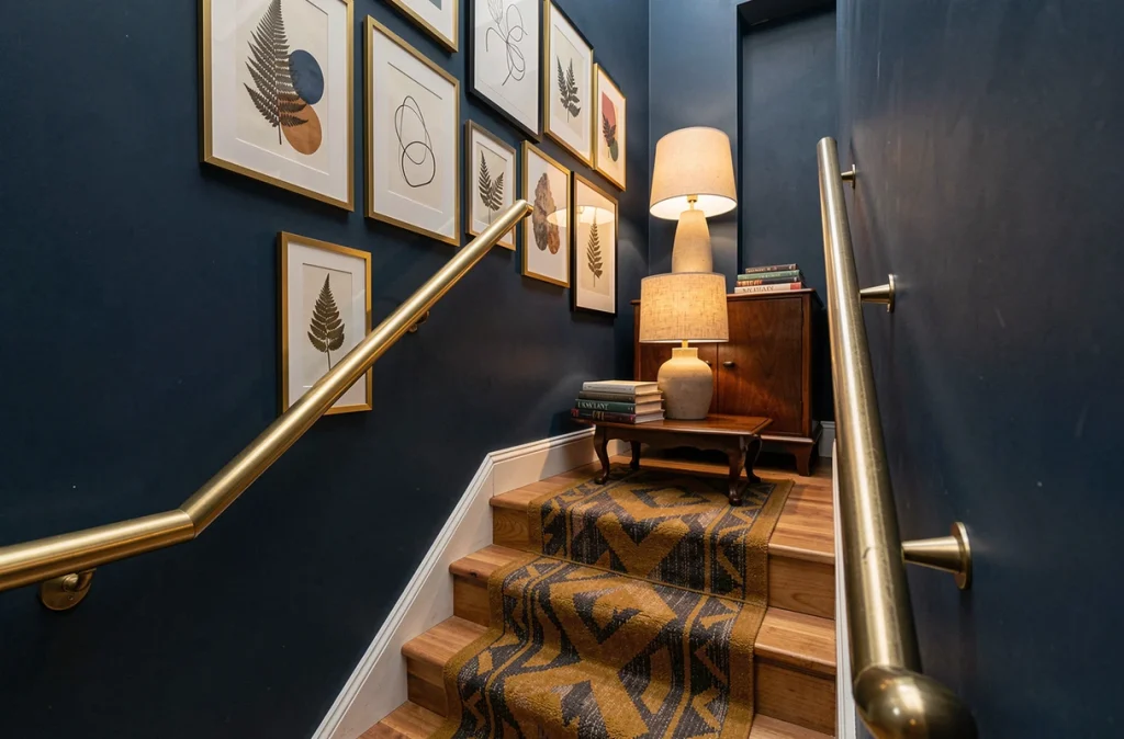 Cage d'escalier avec mur bleu marine foncé, galerie de cadres dorés, tapis à motifs et table d'appoint vintage pour un style mid-century