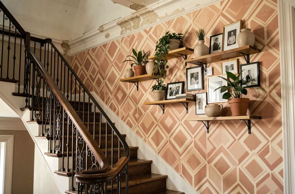 Mur d'escalier victorien tapissé de papier peint géométrique terracotta avec étagères flottantes, plantes et cadres photo en noir et blanc