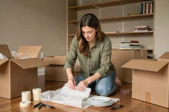 Femme emballant de la vaisselle fragile dans du papier bulle entourée de cartons de déménagement ouverts dans un salon en cours de vidage