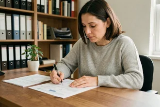 Femme remplissant des formulaires administratifs de changement d'adresse à son bureau à domicile