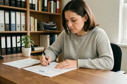 Femme remplissant des formulaires administratifs de changement d'adresse à son bureau à domicile