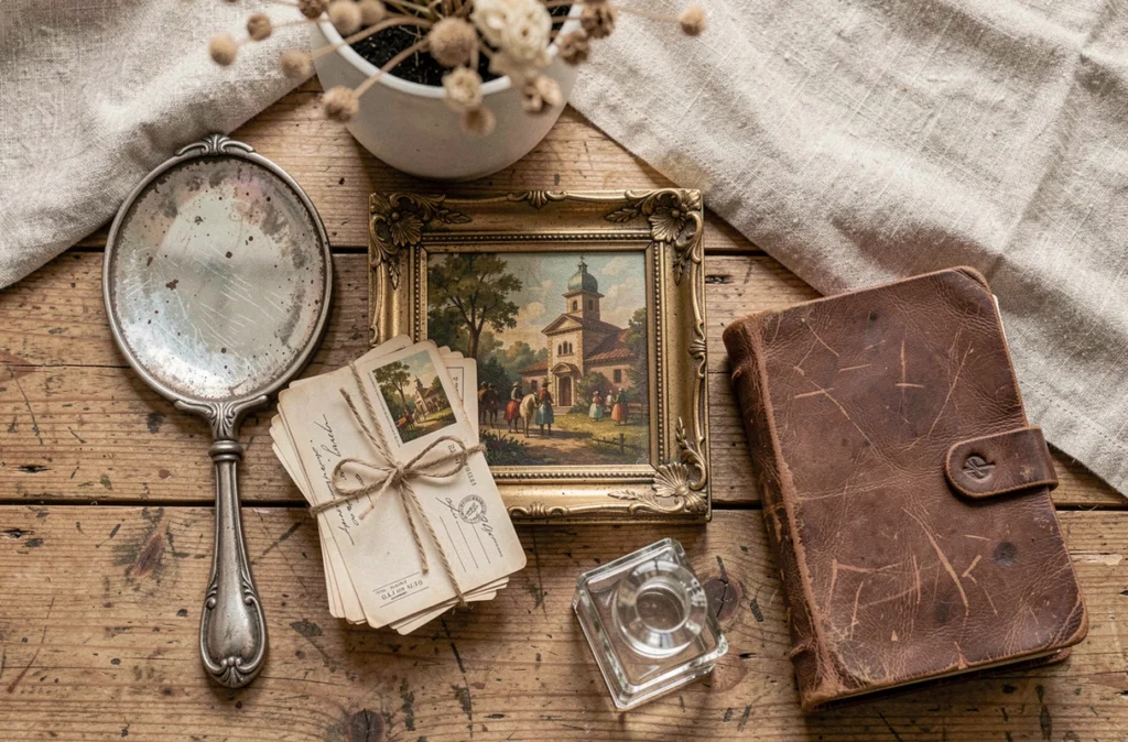 Flat lay d'objets chinés en brocante disposés sur une table en bois : miroir argenté, cartes postales vintage et cadre doré