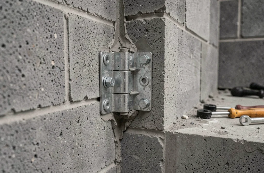 Gros plan sur un gond métallique fixé solidement sur un mur en parpaing avec des chevilles et boulons apparents