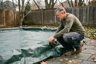 Homme installant une bâche d'hivernage sur une piscine résidentielle en automne pour protéger l'eau pendant l'hiver