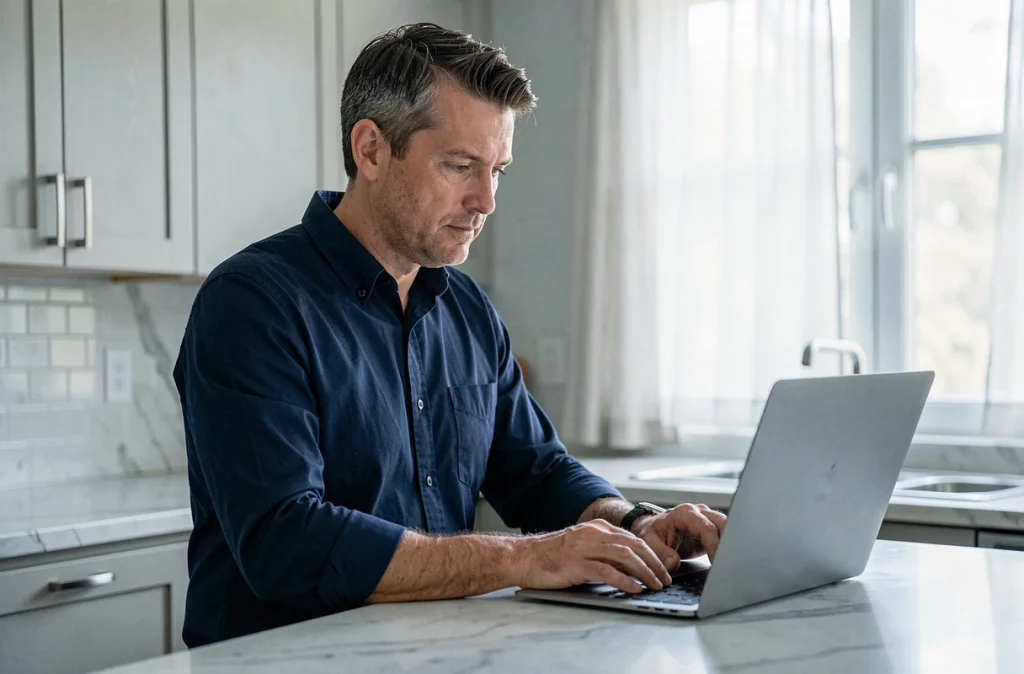 Homme effectuant un changement d'adresse en ligne sur un ordinateur portable dans une cuisine moderne
