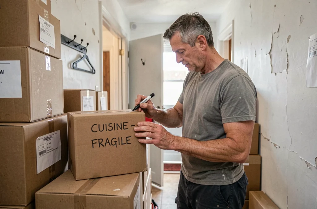 Homme étiquetant des cartons de déménagement empilés dans un couloir avec un marqueur noir avant de quitter son logement