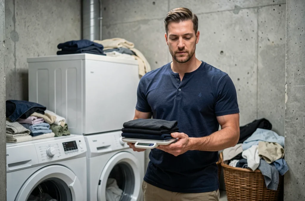 Homme pesant son linge sur une balance numérique avant un cycle de lavage pour respecter la capacité du lave-linge
