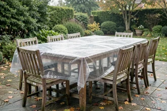 Table de jardin rectangulaire protégée par une housse en plastique transparent sur une terrasse en automne