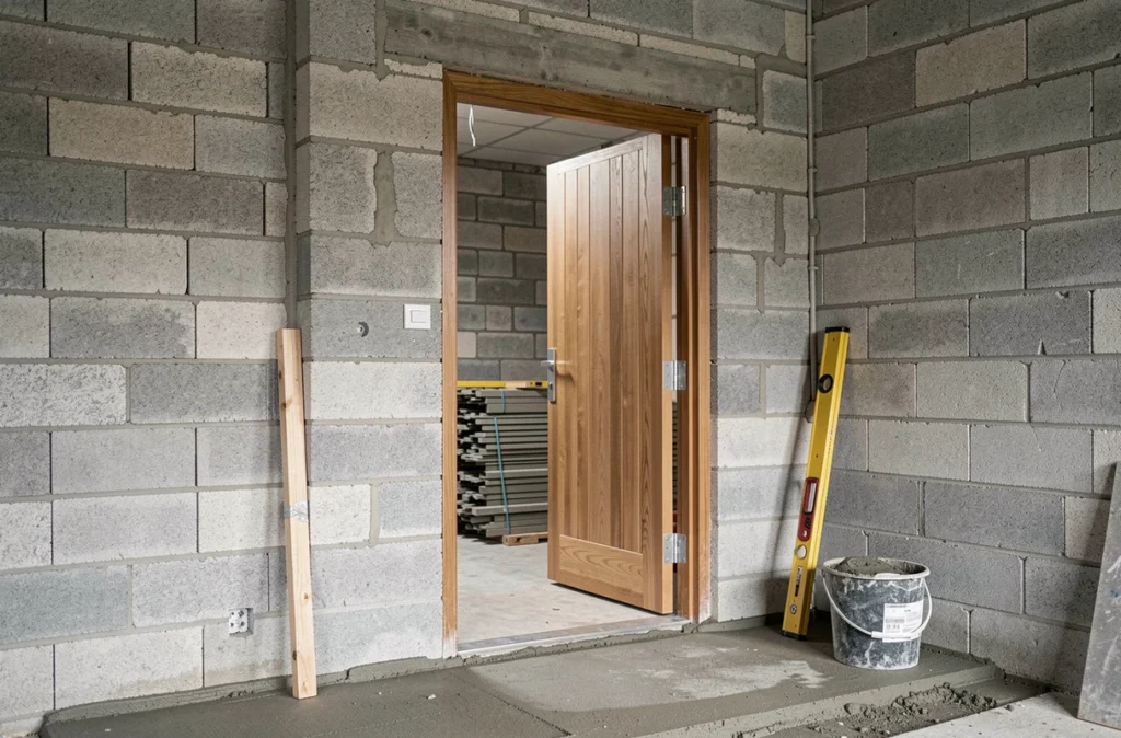 Porte en bois installée avec des gonds sur un mur en parpaing brut dans un garage en cours de rénovation