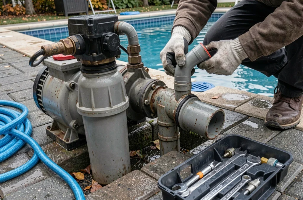 Hivernage du local technique d'une piscine avec déconnexion de la pompe et du filtre avant la fermeture pour l'hiver