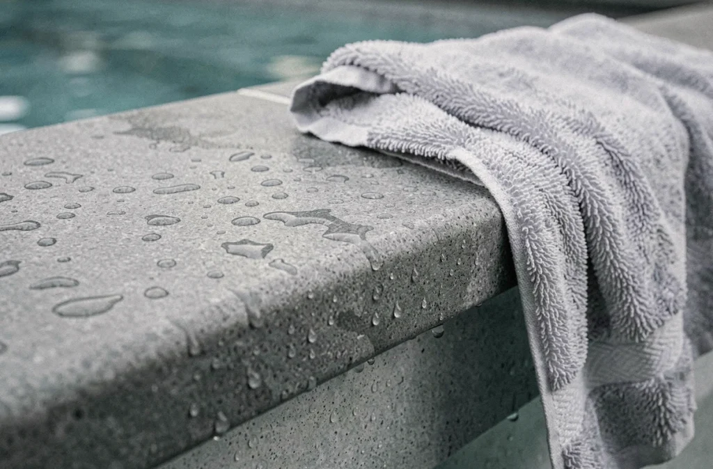 Gros plan sur des margelles de piscine grises antidérapantes avec gouttes d'eau et serviette posée sur le bord