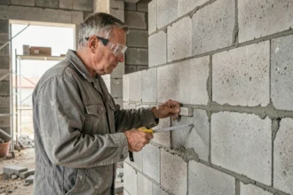 Ouvrier mesurant l'épaisseur d'un mur en parpaing dans un chantier de construction résidentiel
