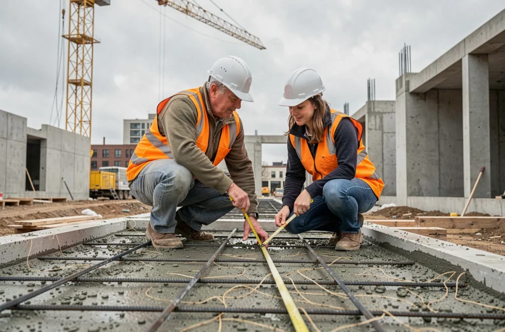 Deux ouvriers mesurant l'épaisseur d'une dalle en béton armé sur chantier pour déterminer le volume exact en mètres cubes