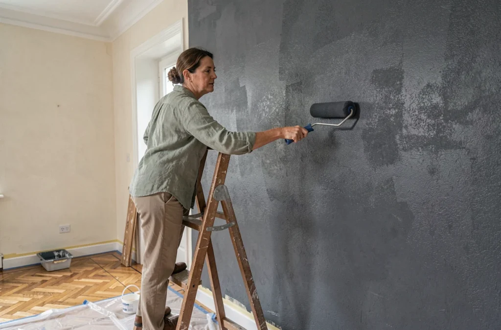 Femme peignant un mur en gris anthracite dans un salon avec un rouleau, rénovation et modernisation d'intérieur maison