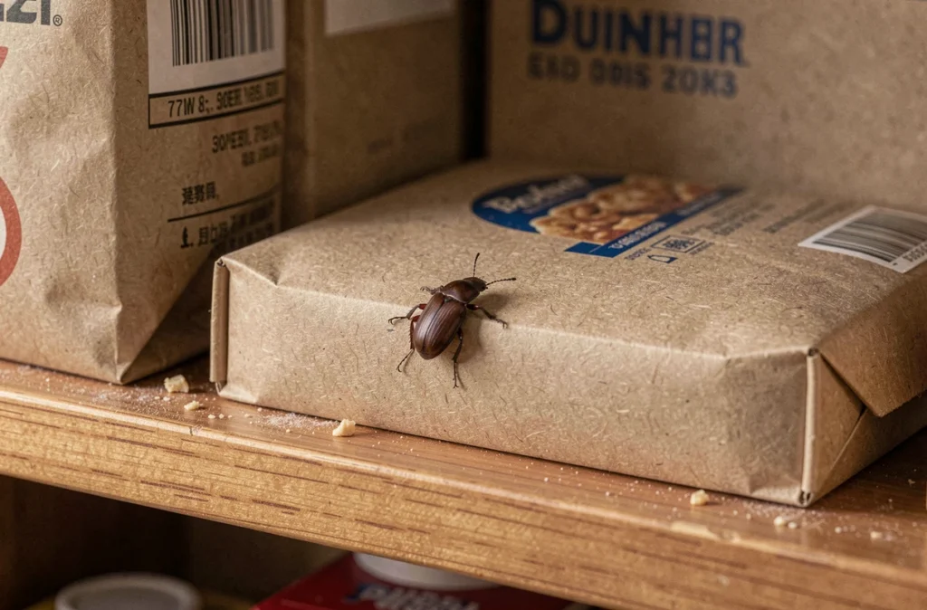 Petit insecte brun domestique sur emballage carton dans un placard de cuisine, vue rapprochée réaliste