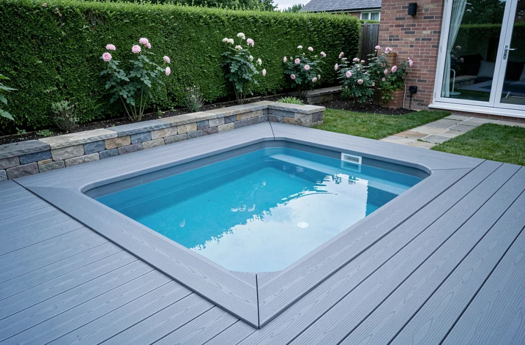 Piscine hors-sol compacte intégrée dans l'angle d'un petit jardin pavillonnaire avec terrasse en composite gris