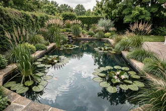 Piscine naturelle aménagée dans un jardin verdoyant entourée de plantes aquatiques et d'une terrasse en bois