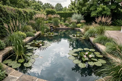 Piscine naturelle aménagée dans un jardin verdoyant entourée de plantes aquatiques et d'une terrasse en bois