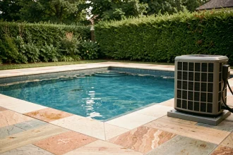 Pompe à chaleur installée au bord d'une piscine extérieure dans un jardin résidentiel avec carrelage en pierre naturelle