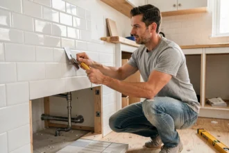 Homme posant des carreaux de métro blancs dans une cuisine en cours de rénovation, travaux de bricolage modernisation intérieure