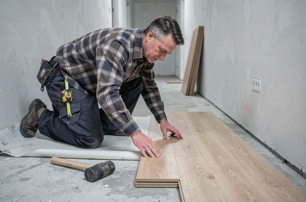 Homme posant un parquet stratifié chêne clair dans un couloir en rénovation, bricolage sol intérieur maison