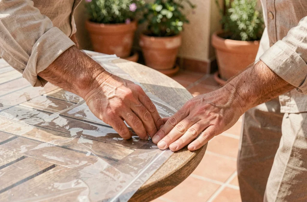 Mains installant une protection plastique transparente sur une table ronde en teck sur une terrasse ensoleillée