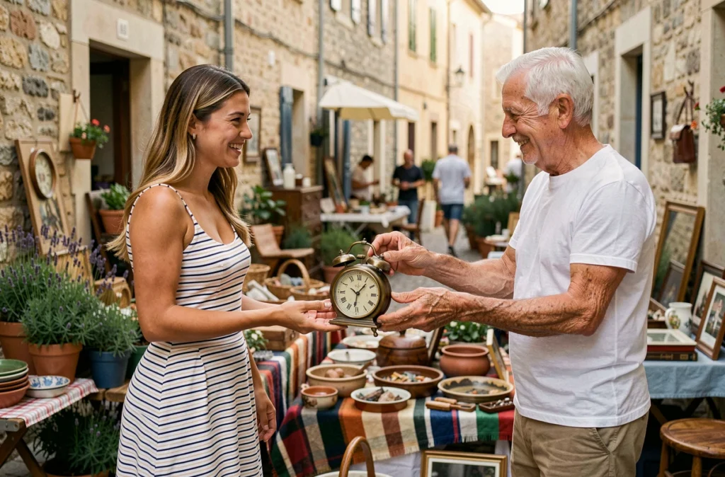 Jeune couple négociant l'achat d'une horloge ancienne avec un vendeur lors d'une brocante près de Montpellier
