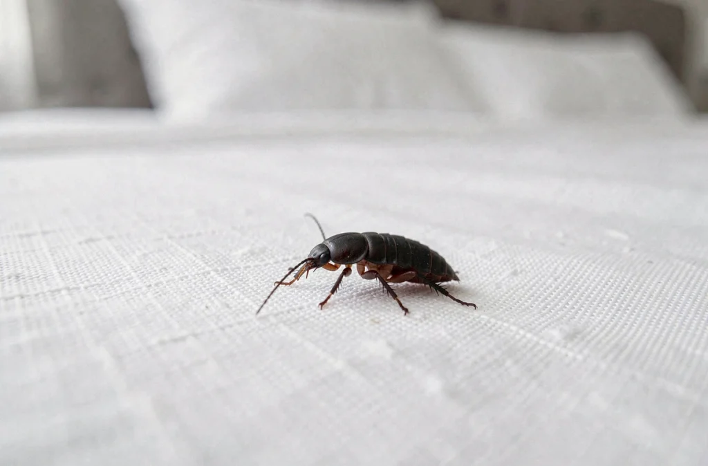 Punaise de lit noire rampant sur un drap blanc avec détails macro des pattes et du corps aplati