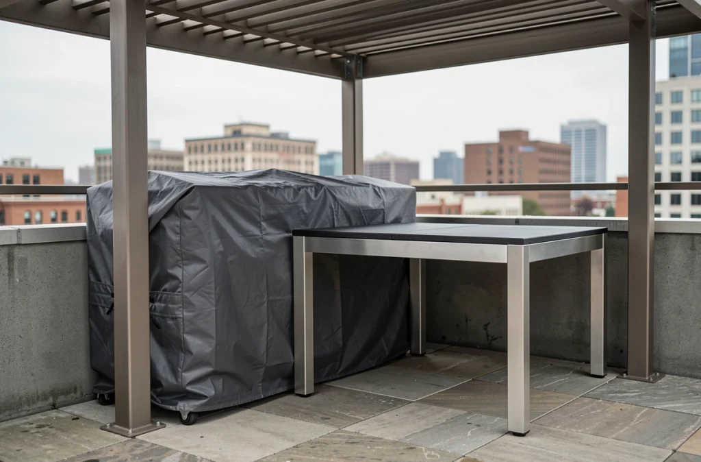 Rangement de housses de protection plastique pour table extérieure sous une pergola avec vue urbaine