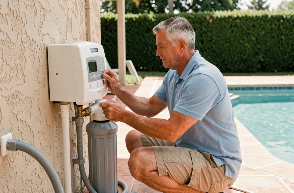 Homme adulte réglant un électrolyseur au sel installé sur le mur d'une piscine extérieure résidentielle