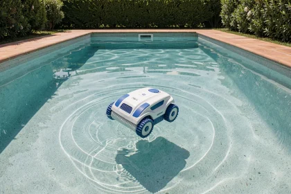Robot nettoyeur de piscine automatique en fonctionnement au fond d'une piscine claire vue de dessus