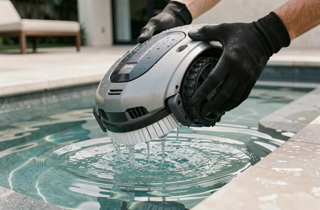 Robot piscine automatique sorti de l'eau avec eau qui s'écoule, détail gros plan des brosses et du châssis