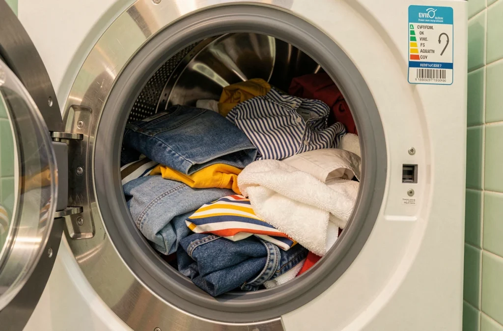 Tambour de lave-linge surchargé avec du linge coloré illustrant le dépassement du poids recommandé et la surconsommation d'énergie
